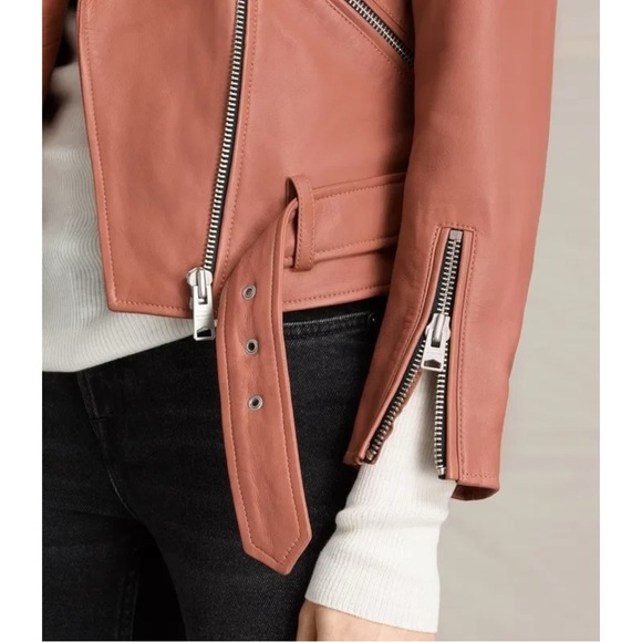 All Saints Balfern Biker Jacket - Coral Pink Red Lamb Leather Belted Jacket sz 6 - Picture 15 of 16